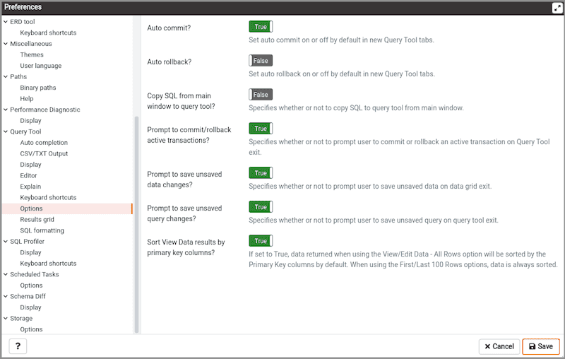 Preferences dialog - Query tool Options section