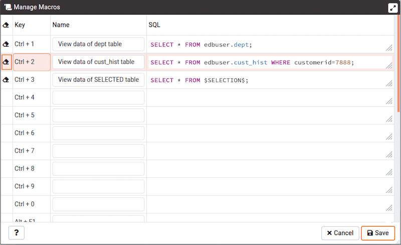 Query tool Manage Macros clear the row