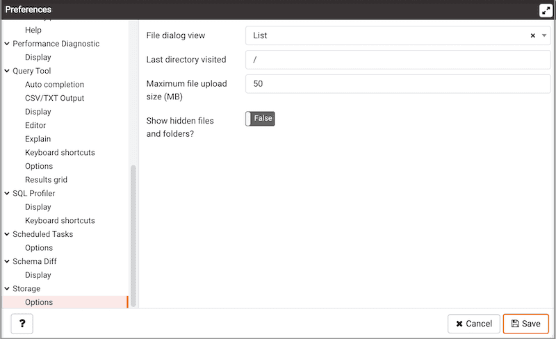 Preferences dialog - Storage Options section